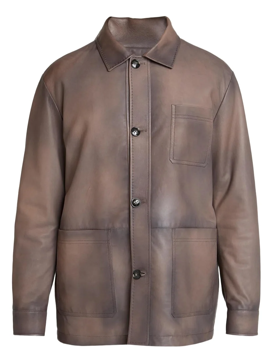 Kiton Men's Burnished Leather Chore Shirt Jacket