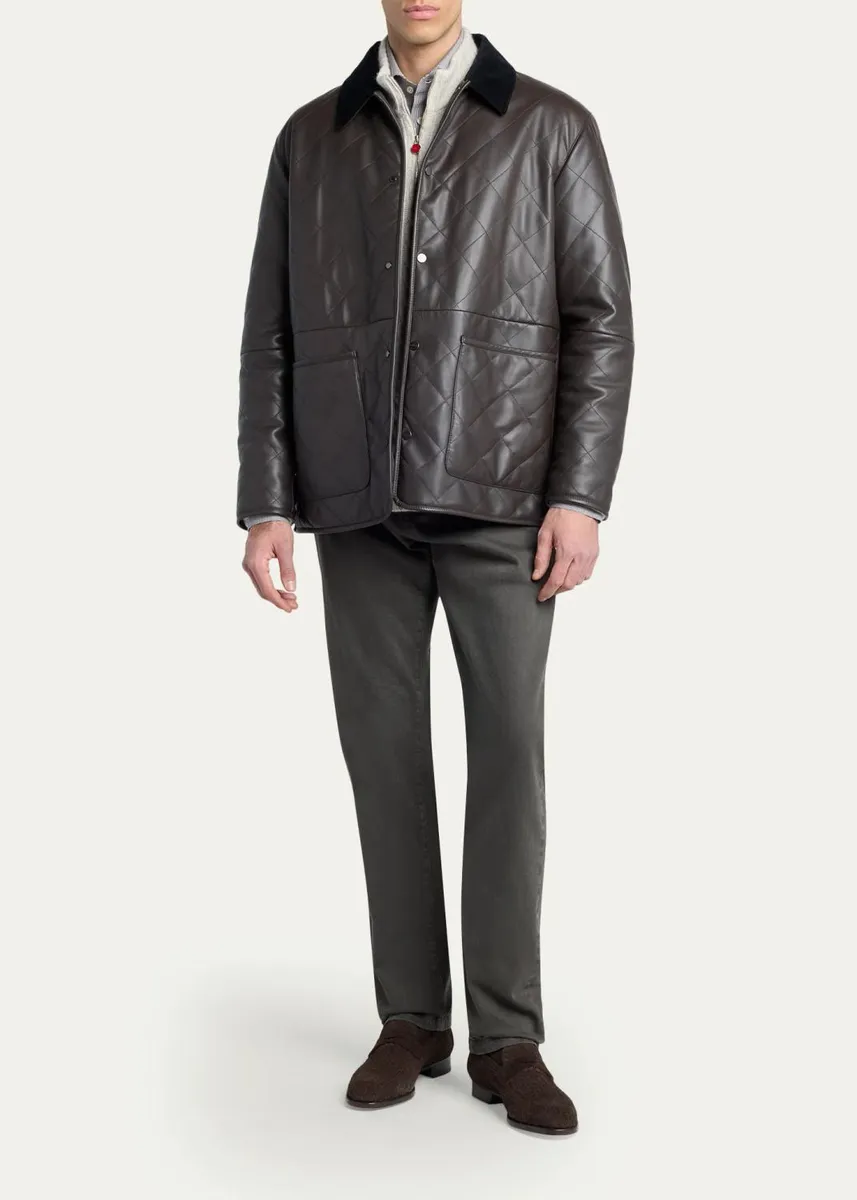 Kiton Men's Corduroy-Collar Quilted Leather Jacket | Thumbnail 2 Kiton Men's Corduroy-Collar Quilted Leather Jacket | Thumbnail 2