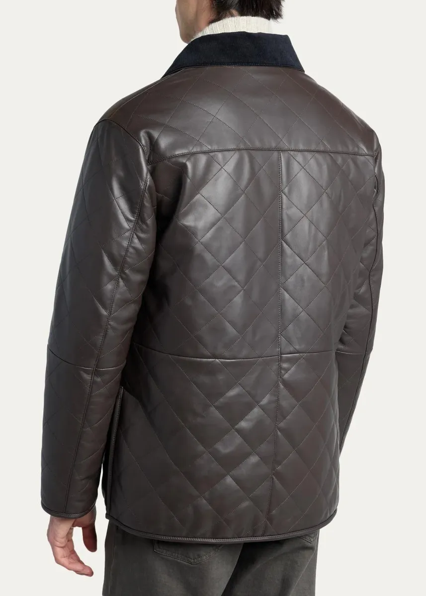 Kiton Men's Corduroy-Collar Quilted Leather Jacket | Thumbnail 3 Kiton Men's Corduroy-Collar Quilted Leather Jacket | Thumbnail 3