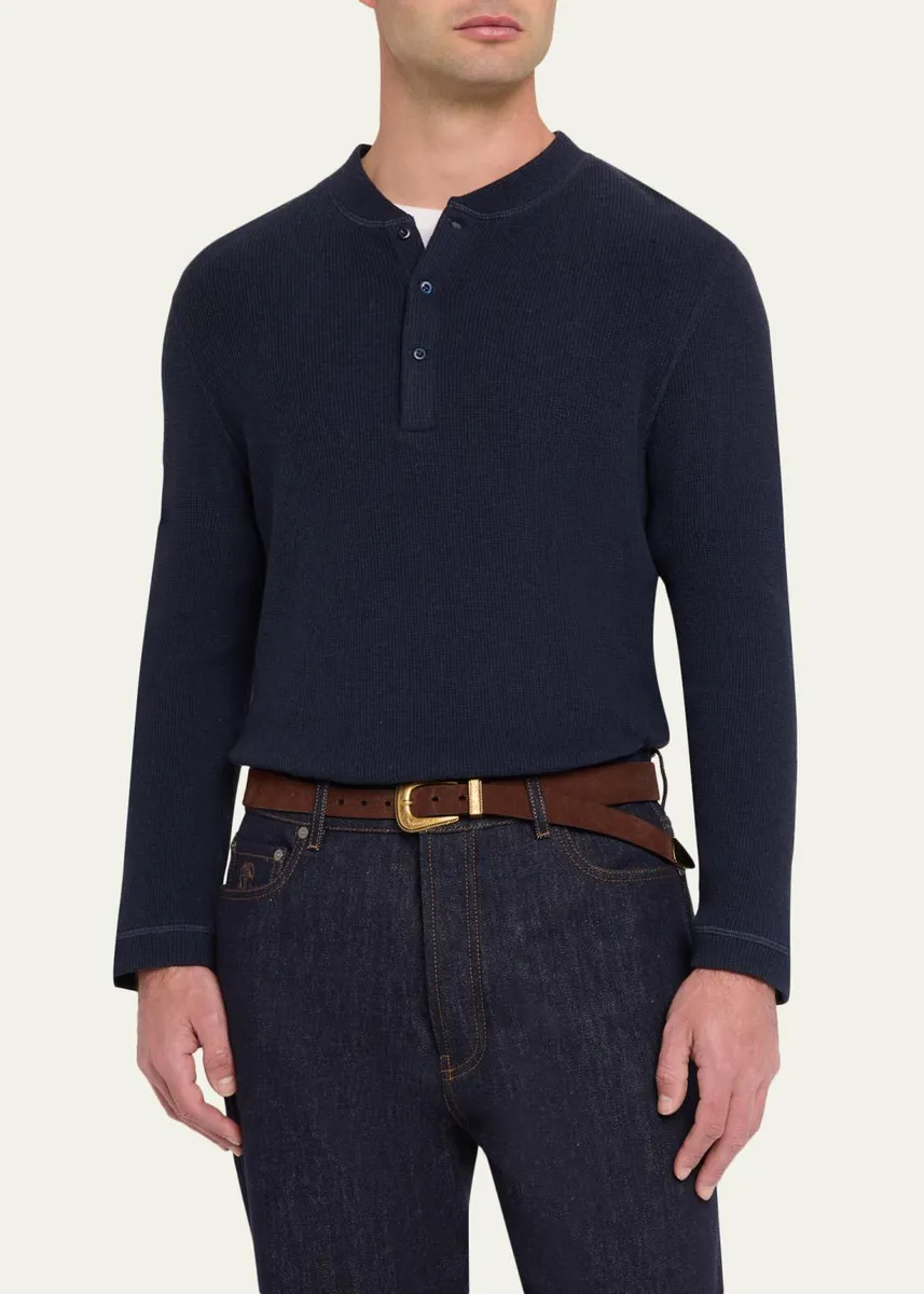 Brunello Cucinelli Men's Cashmere and Cotton Waffle-Knit Long-Sleeve Henley T-Shirt | Thumbnail 4 Brunello Cucinelli Men's Cashmere and Cotton Waffle-Knit Long-Sleeve Henley T-Shirt | Thumbnail 4