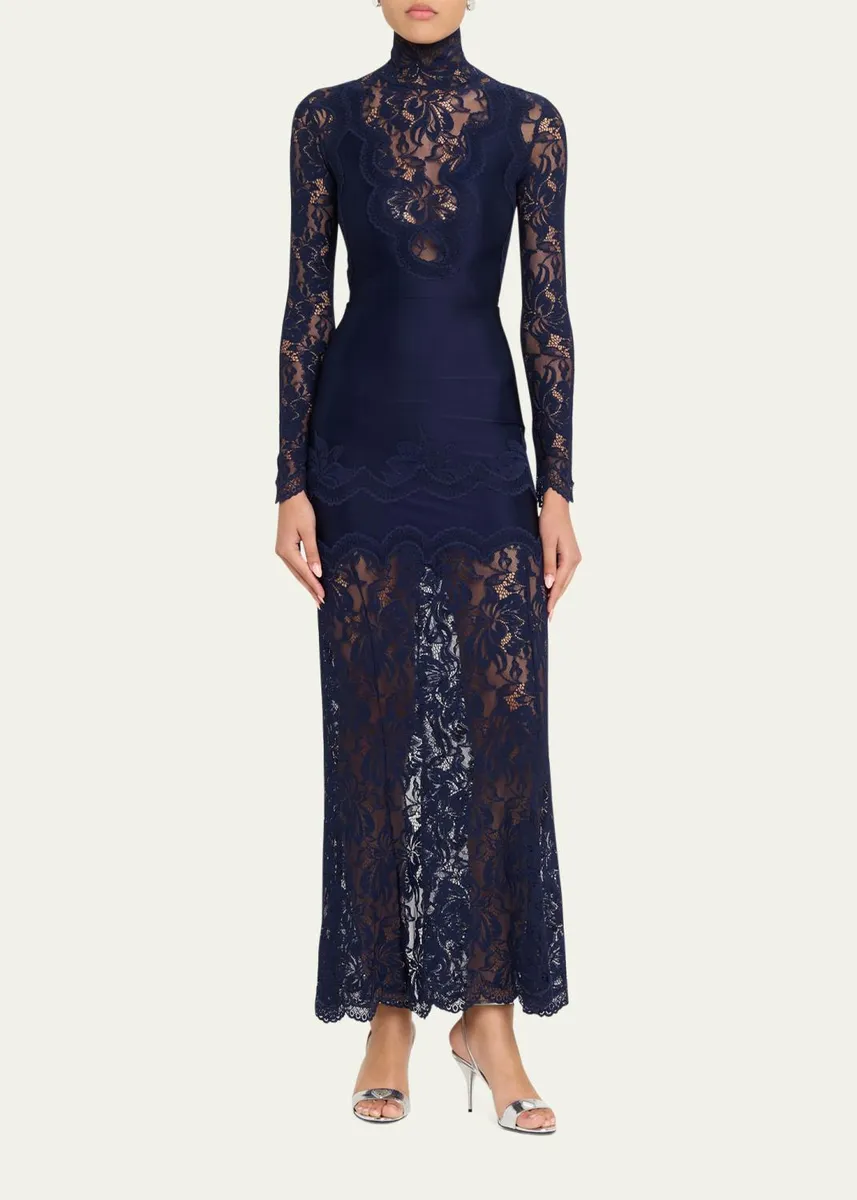 Rabanne Long-Sleeve Stretch Lace Jersey Maxi Dress | Thumbnail 2
