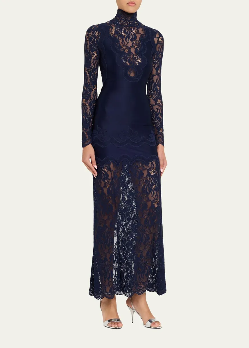 Rabanne Long-Sleeve Stretch Lace Jersey Maxi Dress | Thumbnail 4