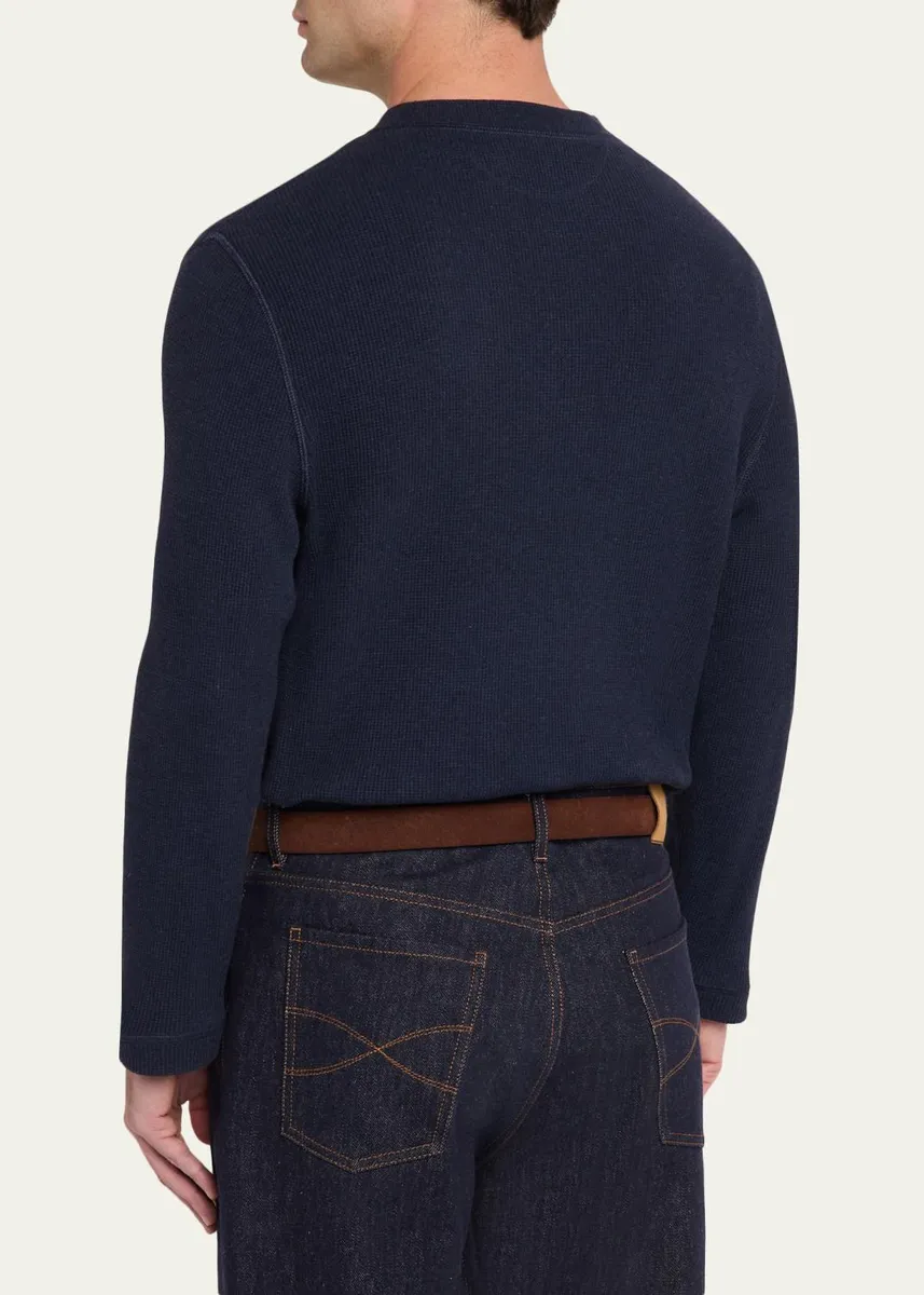 Brunello Cucinelli Men's Cashmere and Cotton Waffle-Knit Long-Sleeve Henley T-Shirt | Thumbnail 3 Brunello Cucinelli Men's Cashmere and Cotton Waffle-Knit Long-Sleeve Henley T-Shirt | Thumbnail 3