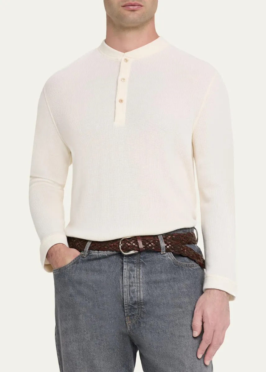 Brunello Cucinelli Men's Cashmere and Cotton Waffle-Knit Long-Sleeve Henley T-Shirt | Thumbnail 7 Brunello Cucinelli Men's Cashmere and Cotton Waffle-Knit Long-Sleeve Henley T-Shirt | Thumbnail 7