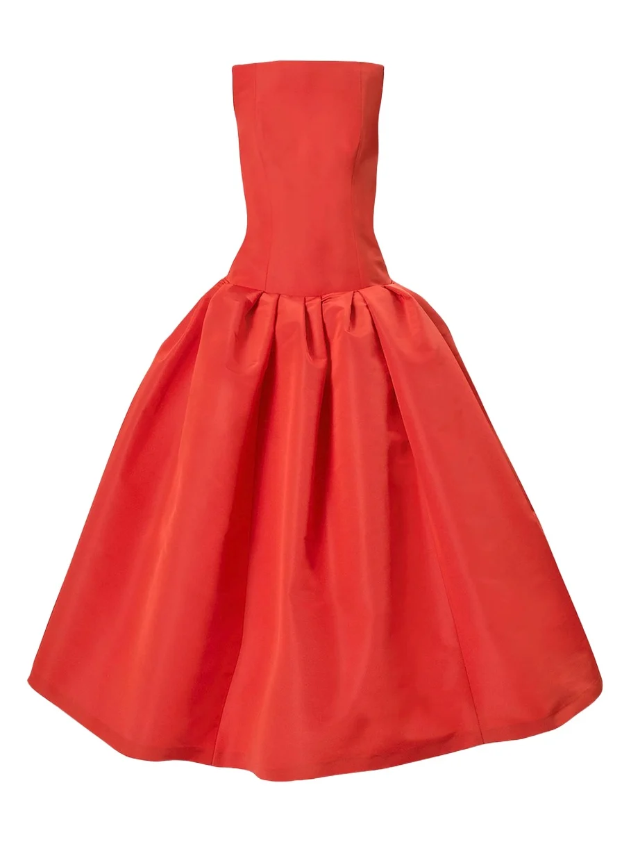 Carolina Herrera Strapless Drop-Waist Flared Silk Midi Dress