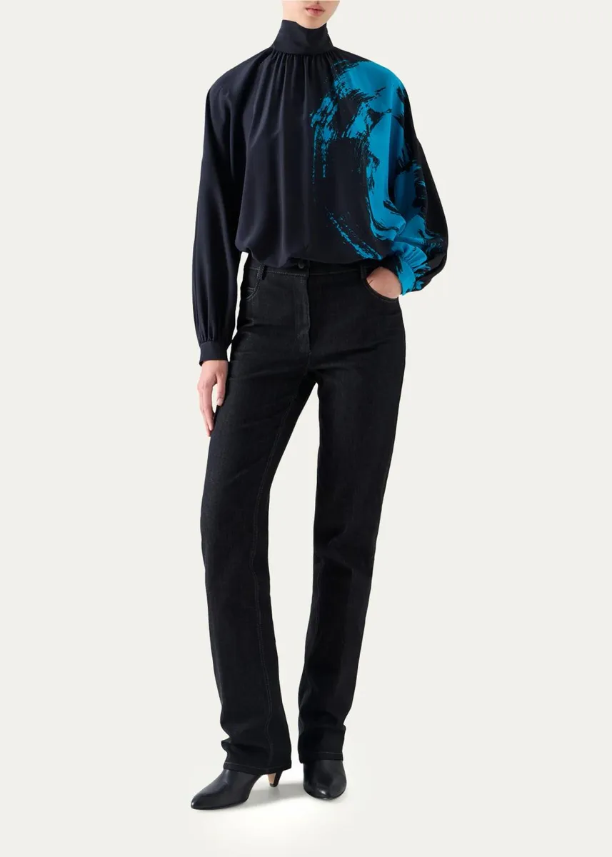 Akris punto Brushstroke-Print Silk Crepe Long-Sleeve Blouse | Thumbnail 2