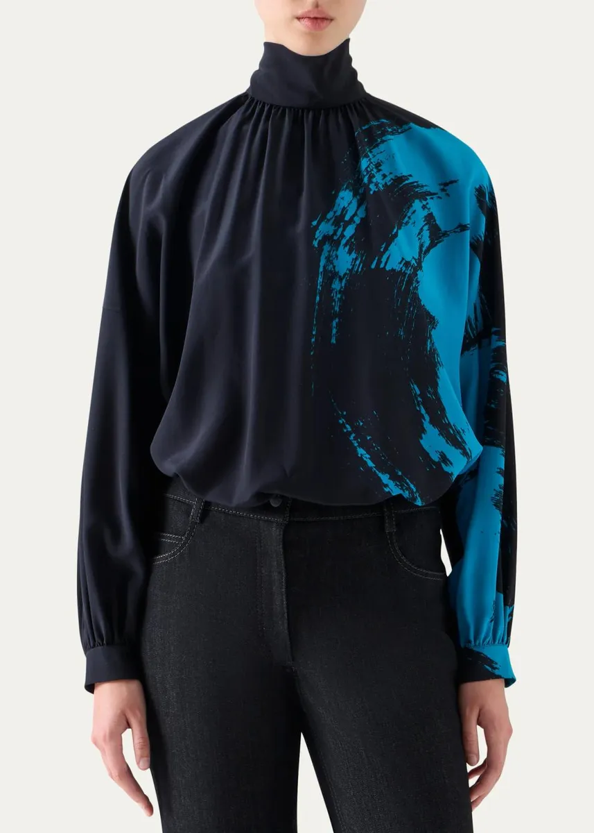 Akris punto Brushstroke-Print Silk Crepe Long-Sleeve Blouse | Thumbnail 4