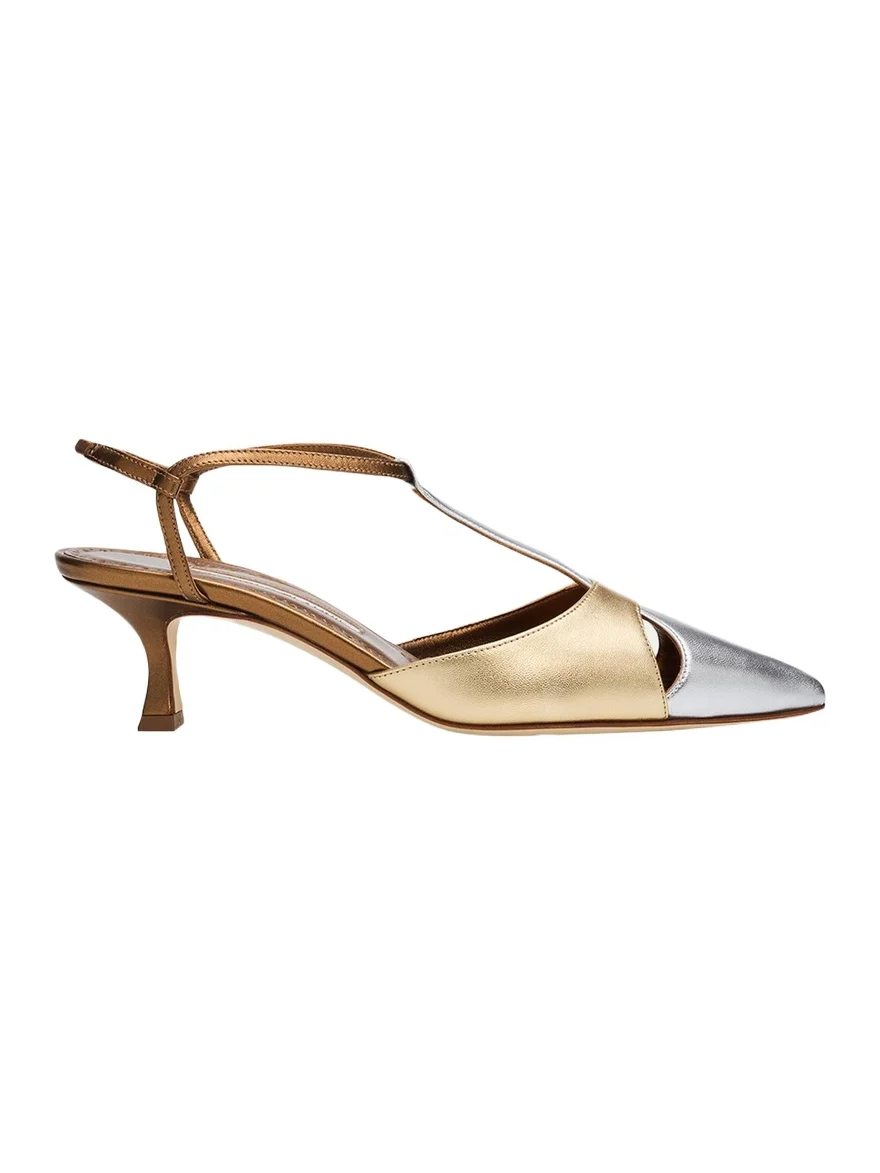 Manolo Blahnik 50mm Turgimod Metallic Leather T-Strap Pumps