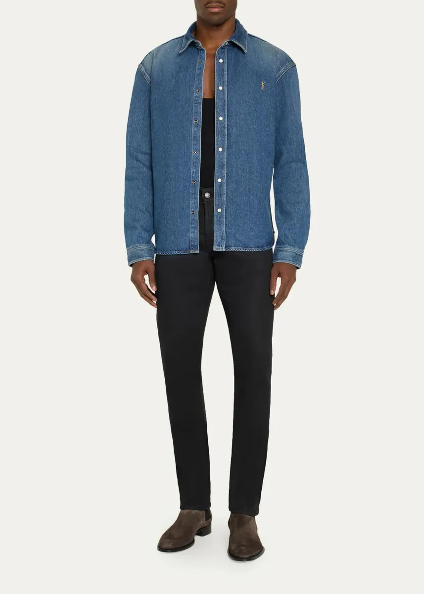 Saint Laurent Men's YSL-Embroidered Button-Front Shirt in Denim | Thumbnail 2 Saint Laurent Men's YSL-Embroidered Button-Front Shirt in Denim | Thumbnail 2