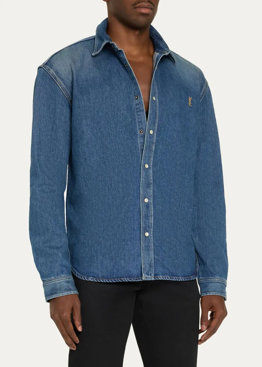 Saint Laurent Men's YSL-Embroidered Button-Front Shirt in Denim | Thumbnail 4 Saint Laurent Men's YSL-Embroidered Button-Front Shirt in Denim | Thumbnail 4