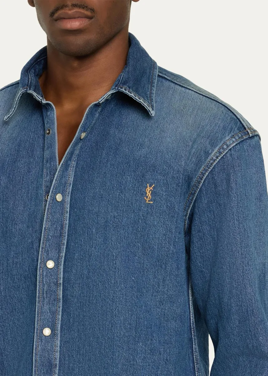 Saint Laurent Men's YSL-Embroidered Button-Front Shirt in Denim | Thumbnail 5 Saint Laurent Men's YSL-Embroidered Button-Front Shirt in Denim | Thumbnail 5