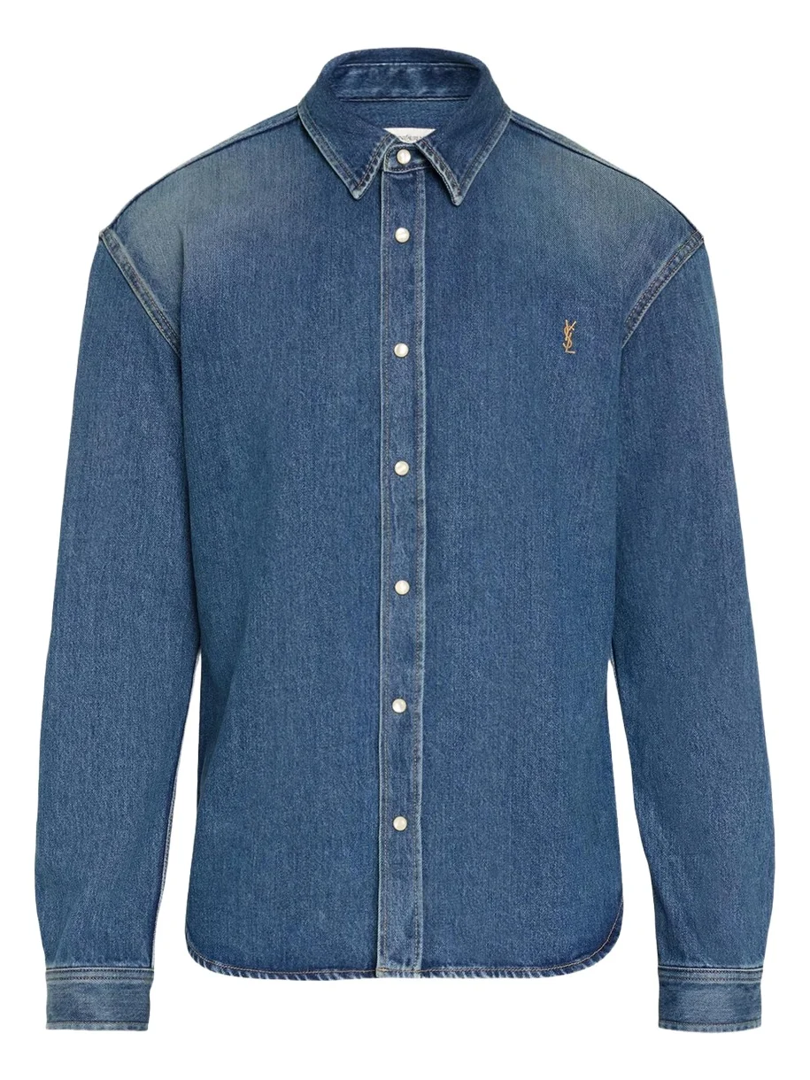 Saint Laurent Men's YSL-Embroidered Button-Front Shirt in Denim