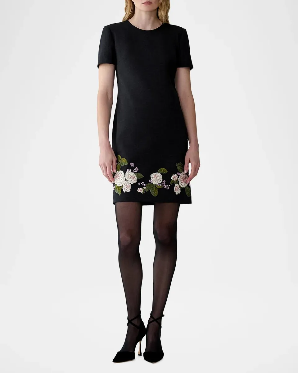 Carolina Herrera Floral Embroidered Wool Short-Sleeve Mini Dress | Thumbnail 2