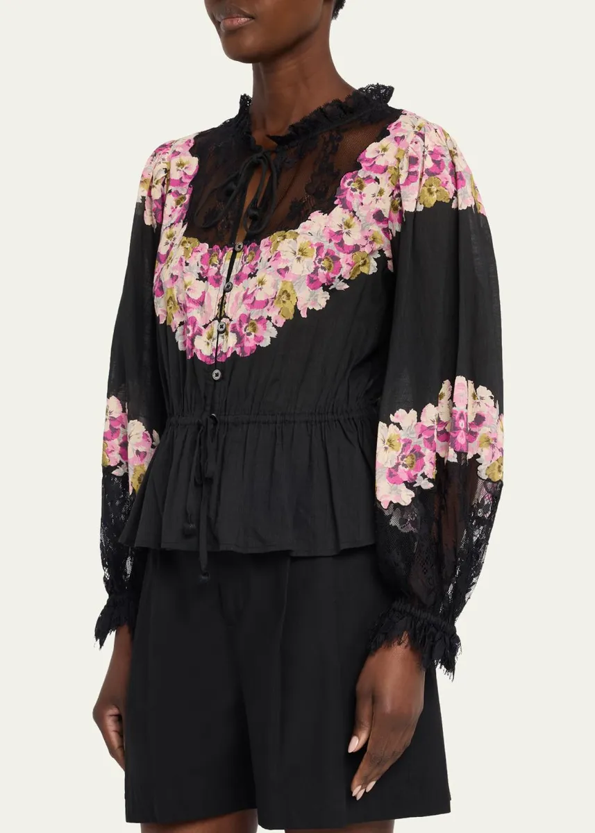 Sea Persephone Print Cotton & Lace Long-Sleeve Blouse | Thumbnail 4