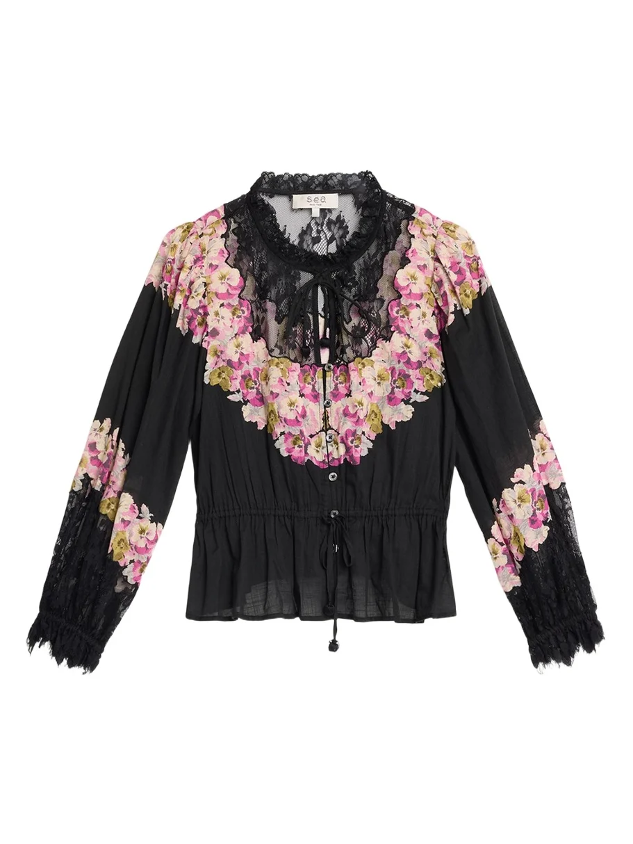 Persephone Print Cotton & Lace Long-Sleeve Blouse Persephone Print Cotton & Lace Long-Sleeve Blouse