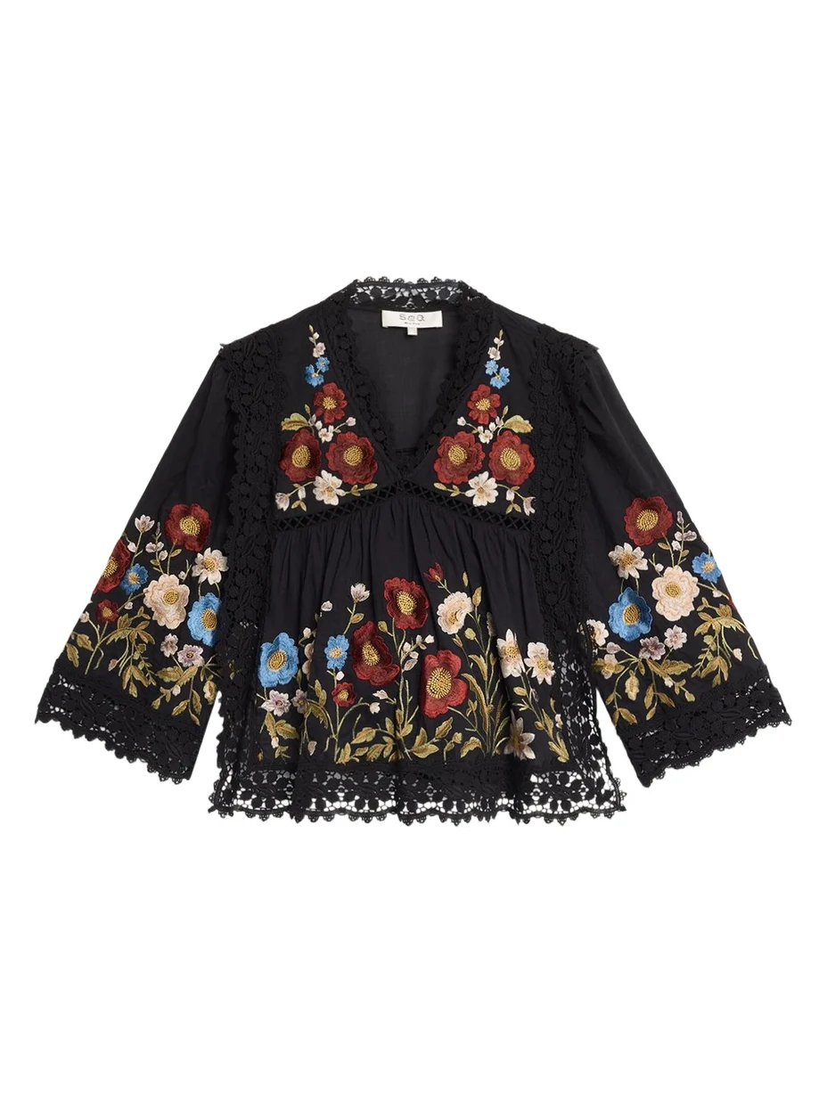 Sea Ruwa Embroidered V-Neck Long-Sleeve Top With Lace Trim