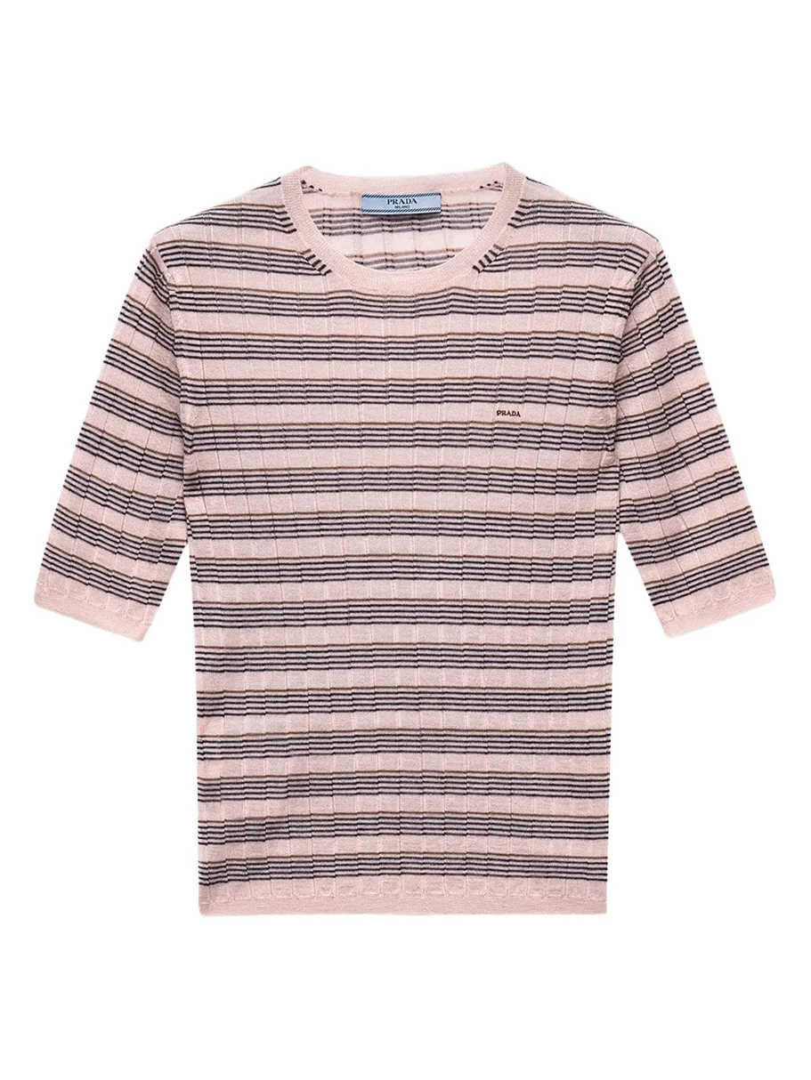 Striped Silk-Cashmere Short-Sleeve Sweater Striped Silk-Cashmere Short-Sleeve Sweater