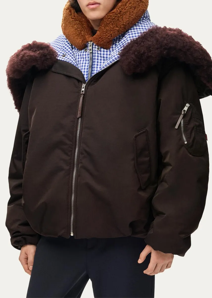 Loewe Men's Layered Shearling-Trim Bomber Jacket | Thumbnail 4