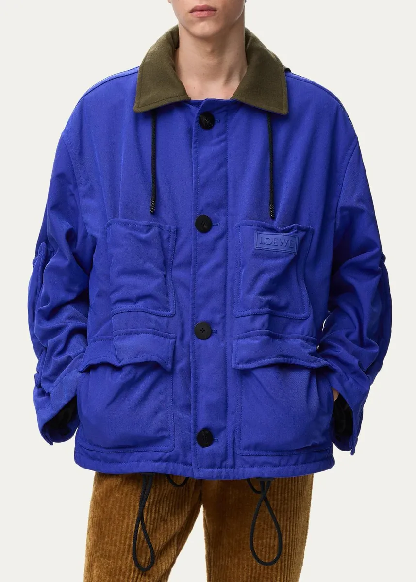 Loewe Men's Leather Collar Check-Lined Hooded Parka | Thumbnail 4