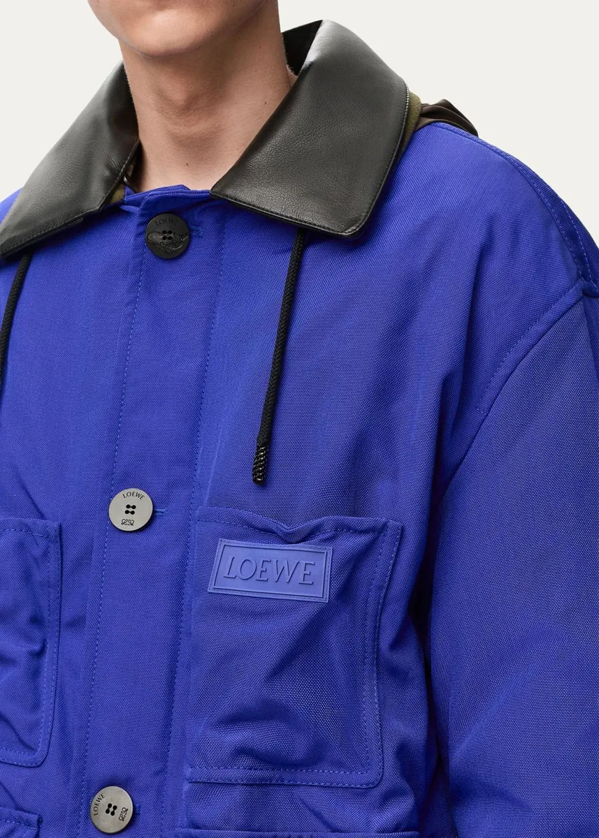 Loewe Men's Leather Collar Check-Lined Hooded Parka | Thumbnail 5