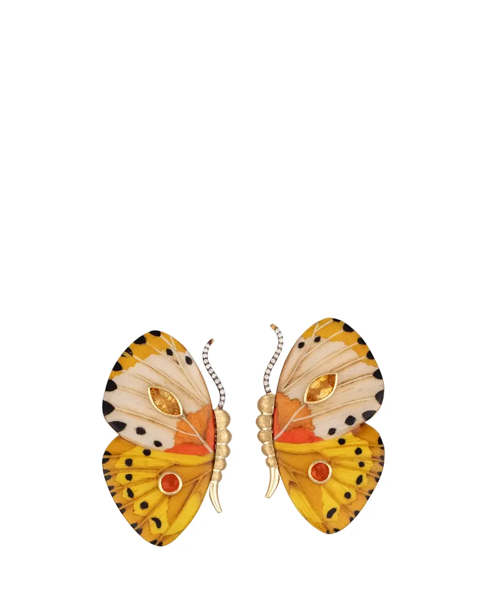 Silvia Furmanovich 18K Yellow Gold Small Butterfly Wing Yellow Marquetry Earrings with Diamonds, Citrine and Fire Opal | Thumbnail 2
