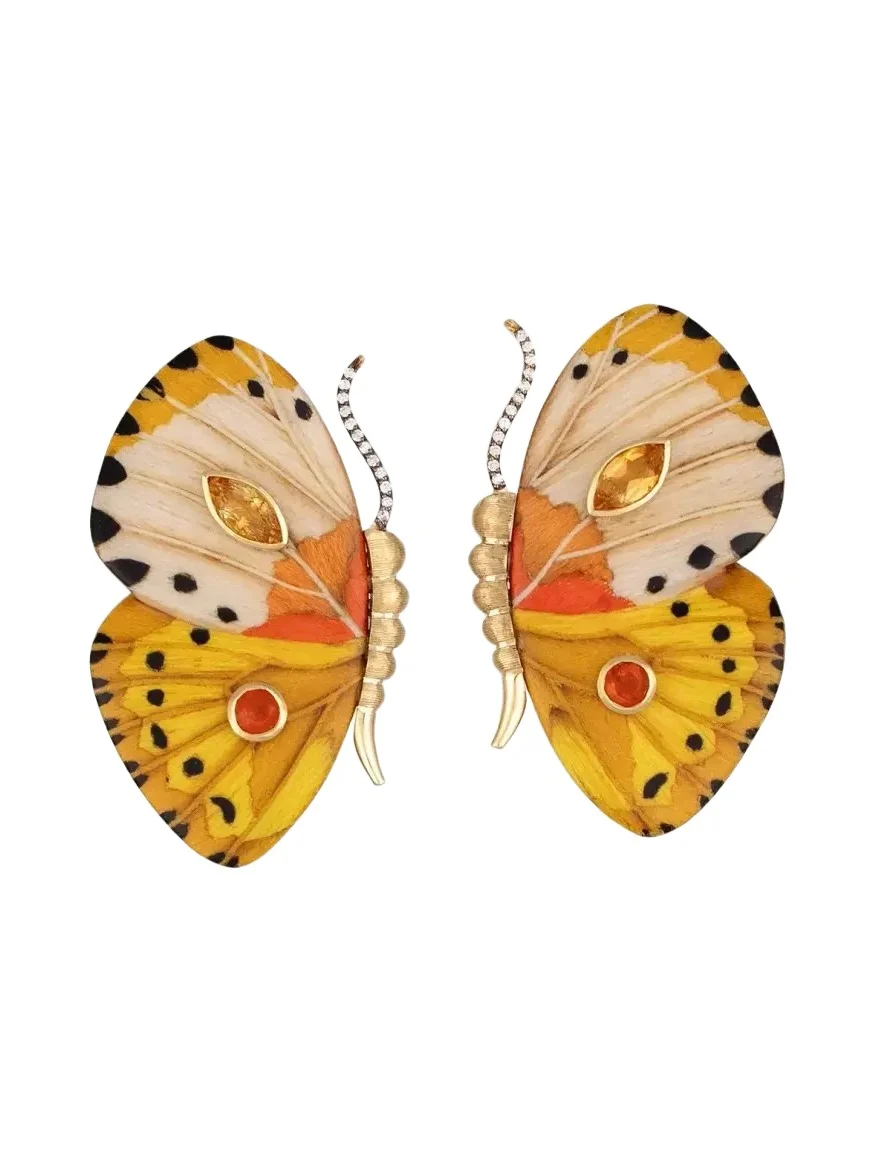 Silvia Furmanovich 18K Yellow Gold Small Butterfly Wing Yellow Marquetry Earrings with Diamonds, Citrine and Fire Opal