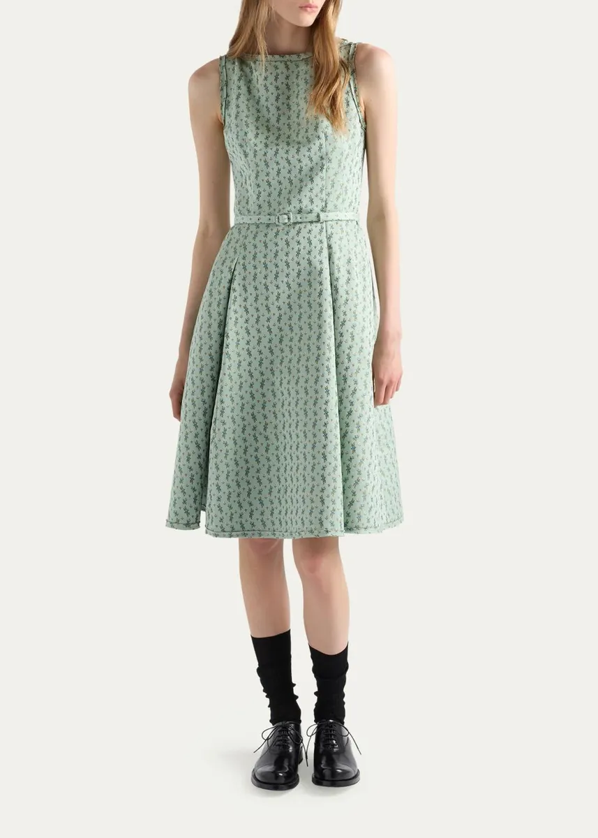 Prada Micro-Floral Cotton-Blend Belted Midi Dress | Thumbnail 2 Prada Micro-Floral Cotton-Blend Belted Midi Dress | Thumbnail 2