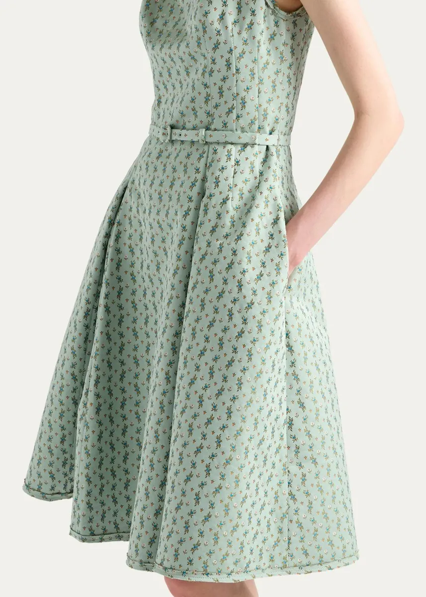 Prada Micro-Floral Cotton-Blend Belted Midi Dress | Thumbnail 4 Prada Micro-Floral Cotton-Blend Belted Midi Dress | Thumbnail 4