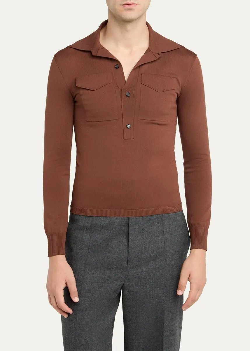 Bottega Veneta Men's Slim Technical Long-Sleeve Polo Shirt | Thumbnail 4 Bottega Veneta Men's Slim Technical Long-Sleeve Polo Shirt | Thumbnail 4