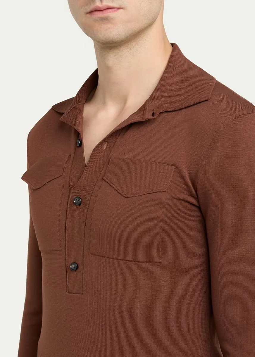Bottega Veneta Men's Slim Technical Long-Sleeve Polo Shirt | Thumbnail 5 Bottega Veneta Men's Slim Technical Long-Sleeve Polo Shirt | Thumbnail 5