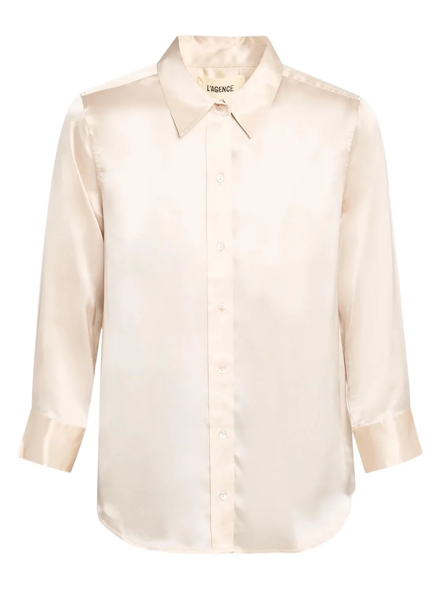 Dani Silk Satin 3/4-Sleeve Button-Down Blouse