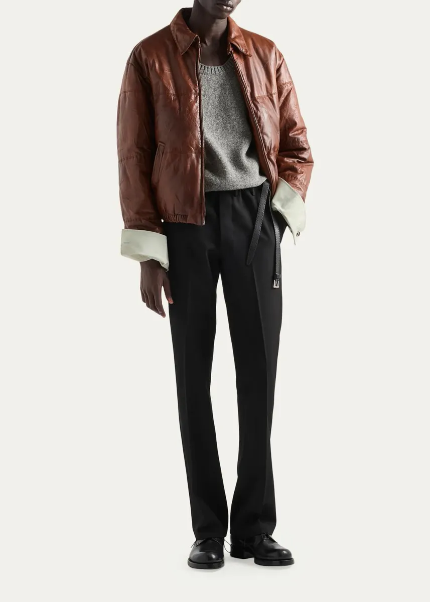 Prada Men's Layered-Cuff Wool Scoop-Neck Sweater | Thumbnail 2