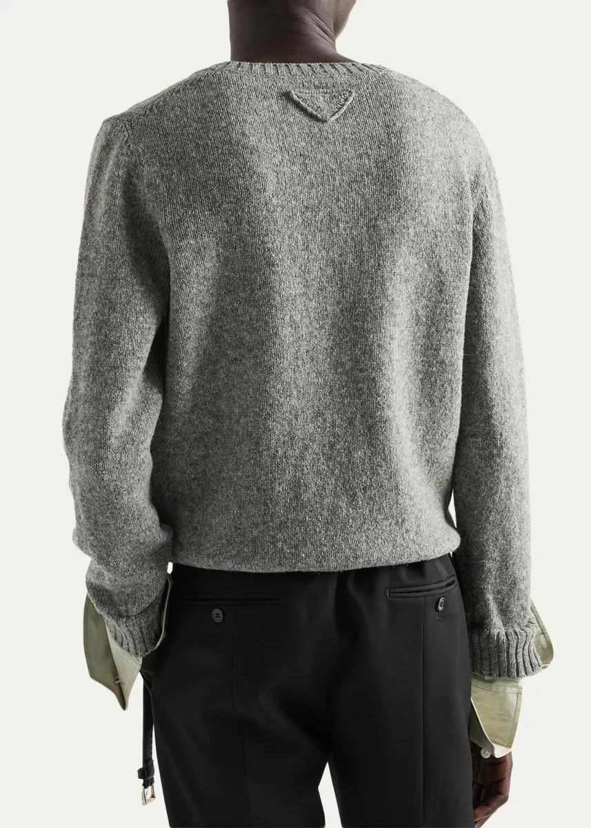 Prada Men's Layered-Cuff Wool Scoop-Neck Sweater | Thumbnail 3