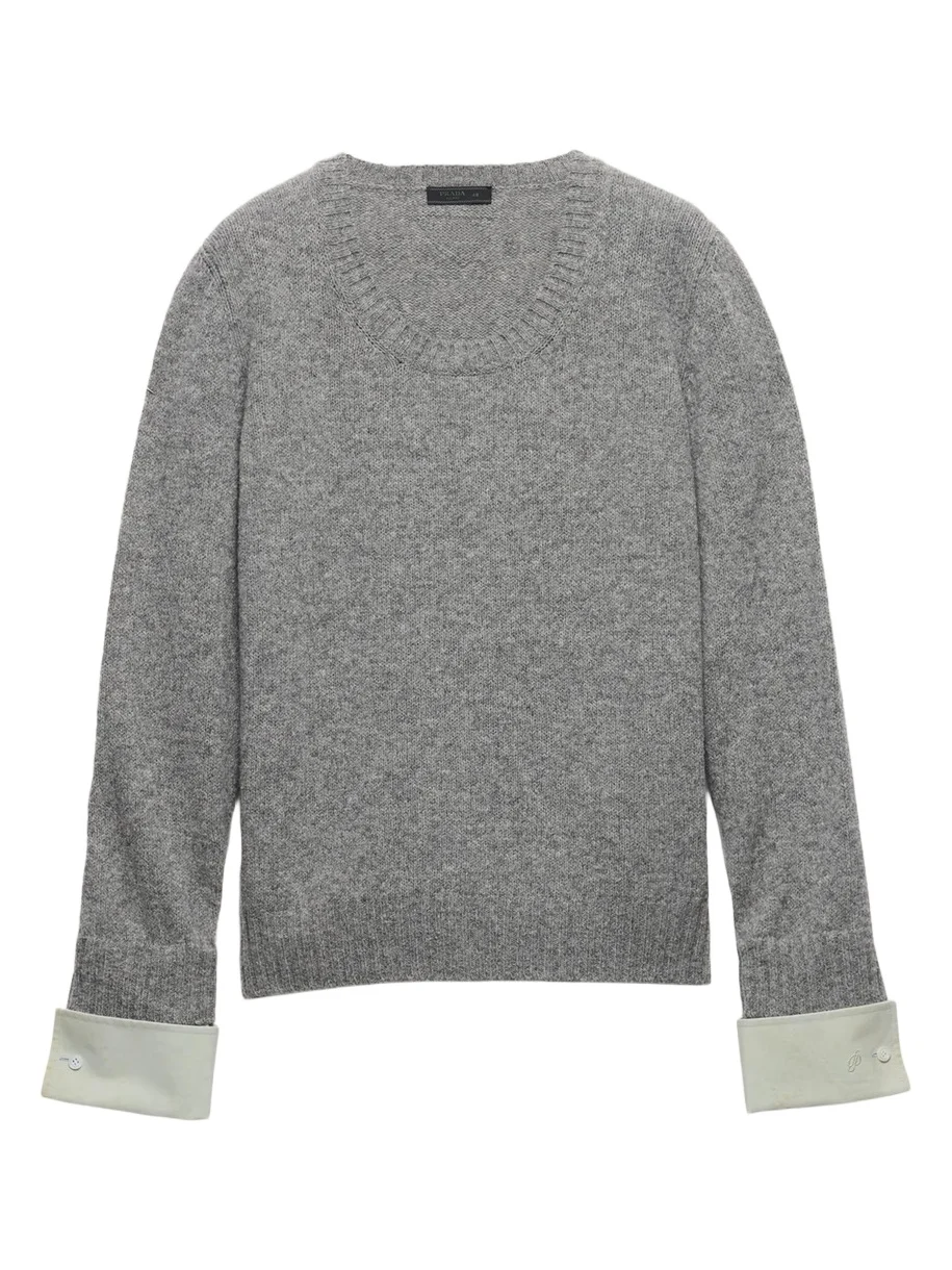 Prada Men's Layered-Cuff Wool Scoop-Neck Sweater