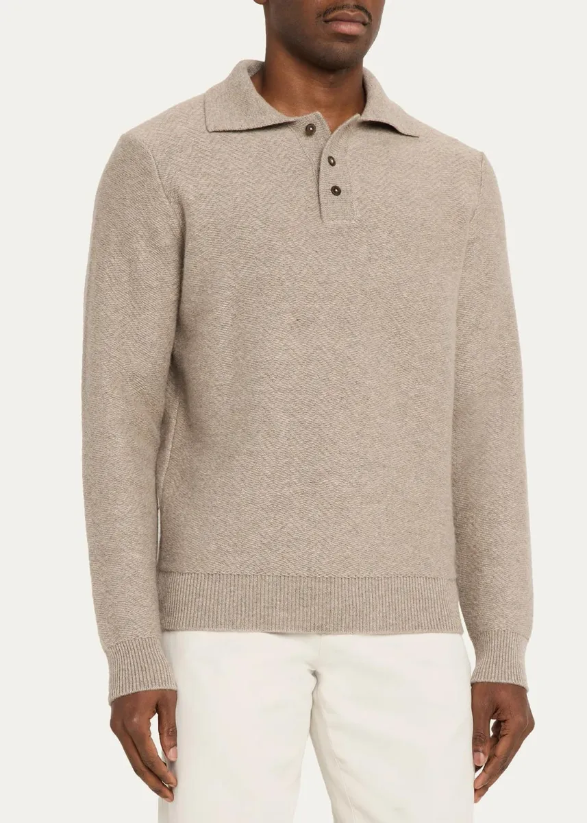 Cesare Attolini Men's Cashmere Herringbone Polo Sweater | Thumbnail 4 Cesare Attolini Men's Cashmere Herringbone Polo Sweater | Thumbnail 4