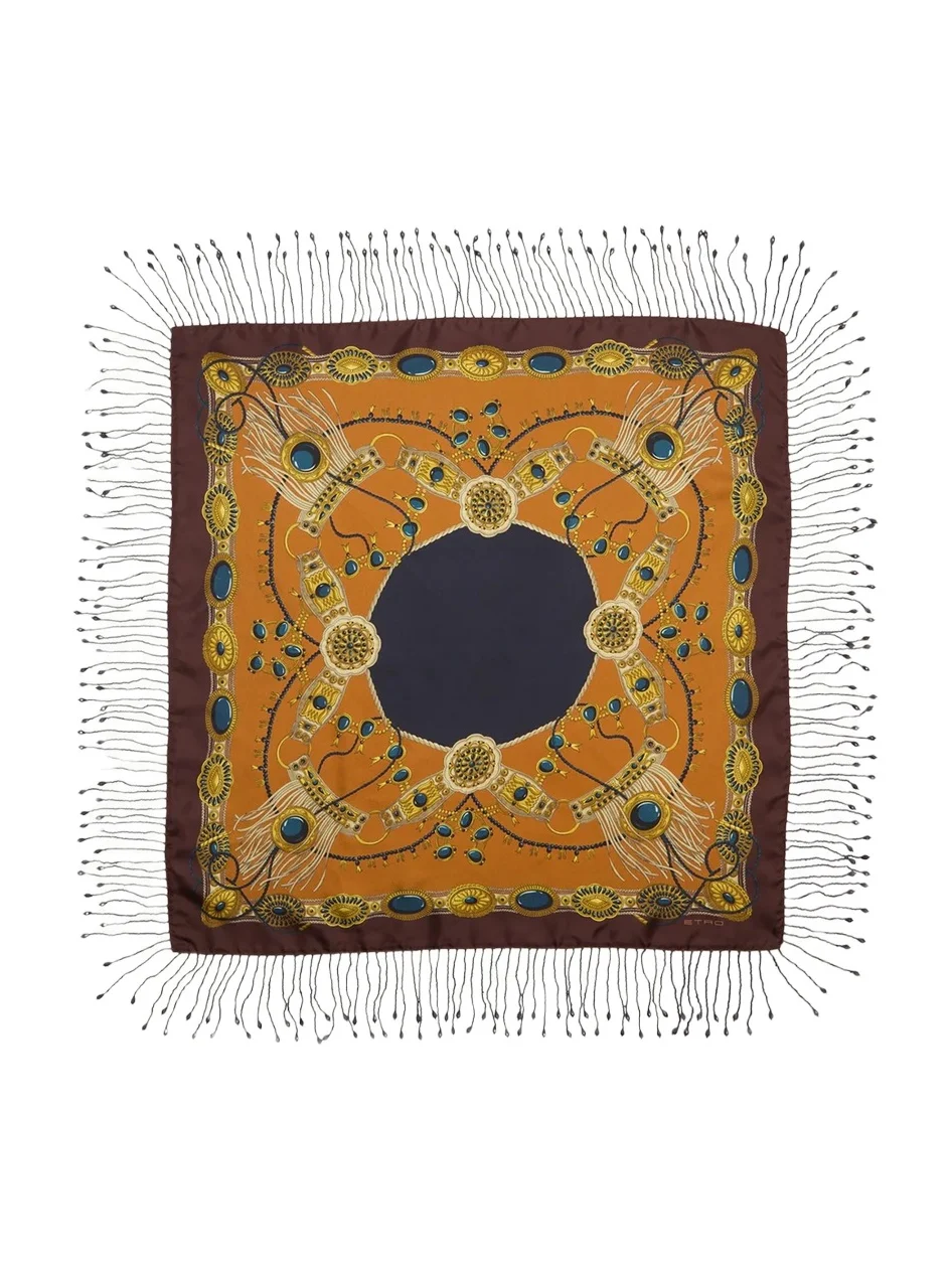 Fringed Jewel Motif Silk Scarf Fringed Jewel Motif Silk Scarf