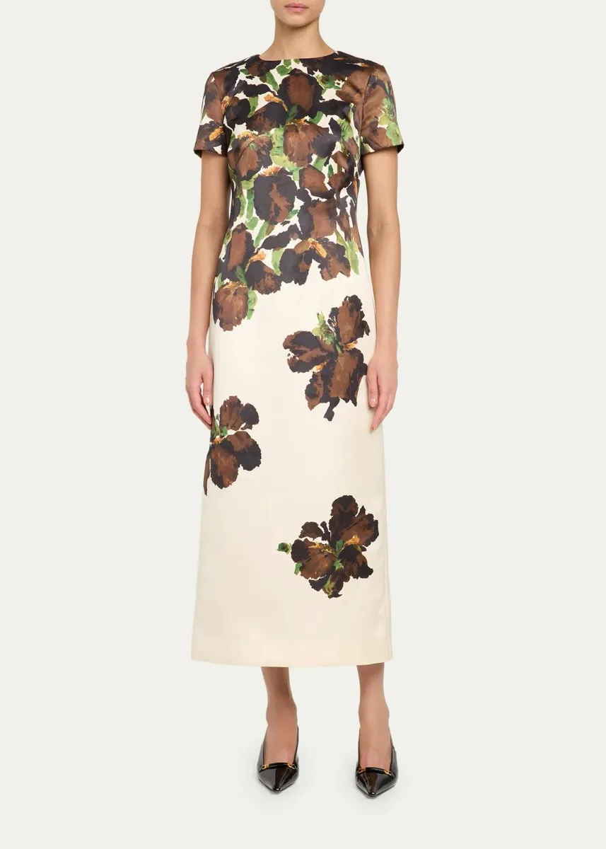 Oscar de la Renta Short-Sleeve Watercolor Iris Print Midi Dress | Thumbnail 2 Oscar de la Renta Short-Sleeve Watercolor Iris Print Midi Dress | Thumbnail 2