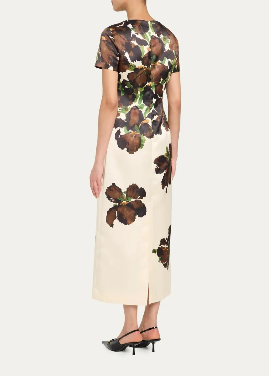 Oscar de la Renta Short-Sleeve Watercolor Iris Print Midi Dress | Thumbnail 3 Oscar de la Renta Short-Sleeve Watercolor Iris Print Midi Dress | Thumbnail 3