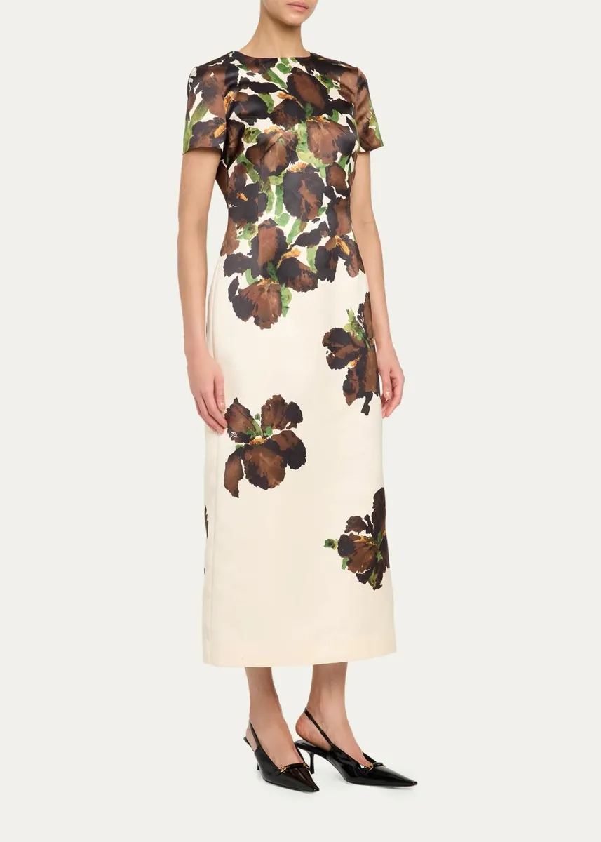Oscar de la Renta Short-Sleeve Watercolor Iris Print Midi Dress | Thumbnail 4 Oscar de la Renta Short-Sleeve Watercolor Iris Print Midi Dress | Thumbnail 4