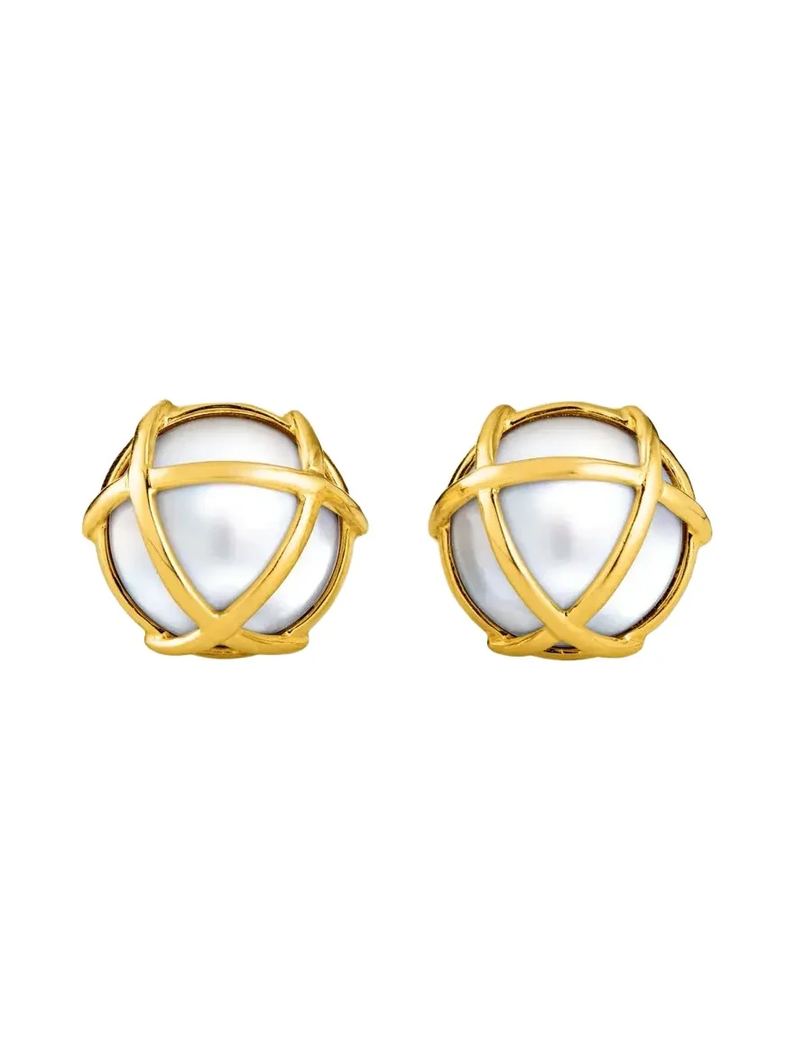 18K Yellow Gold Mabe Pearl Caged Earrings 18K Yellow Gold Mabe Pearl Caged Earrings