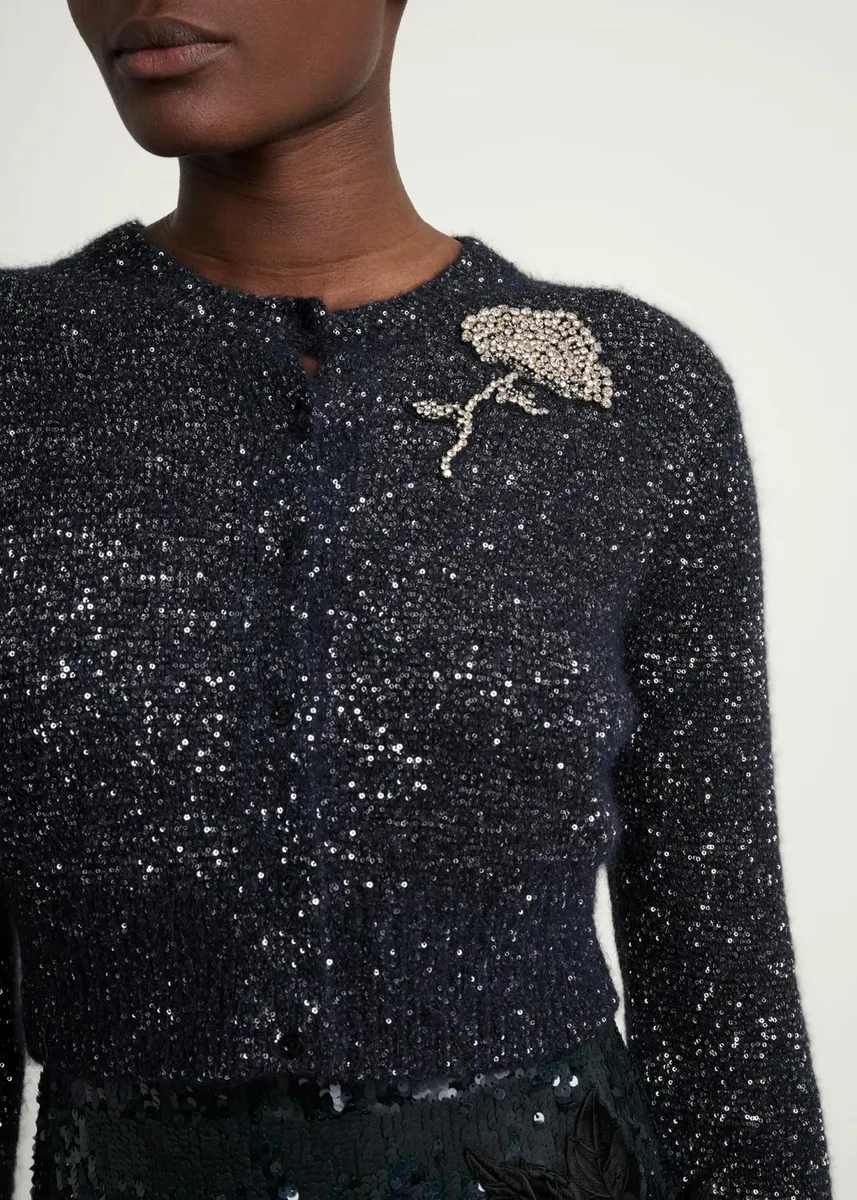 Erdem Crystal Brooch Paillette Knit Crop Crewneck Cardigan | Thumbnail 5