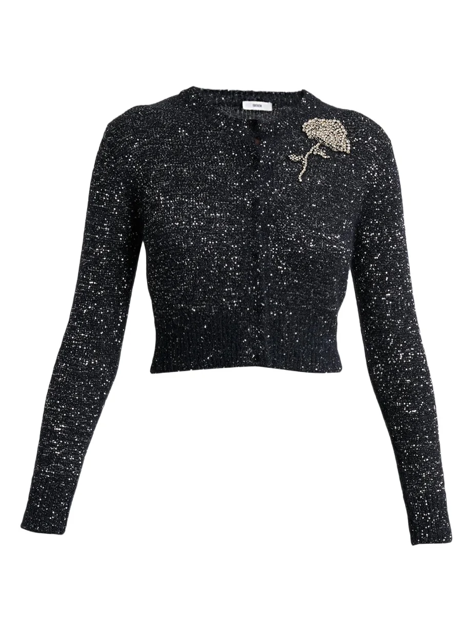 Crystal Brooch Paillette Knit Crop Crewneck Cardigan
