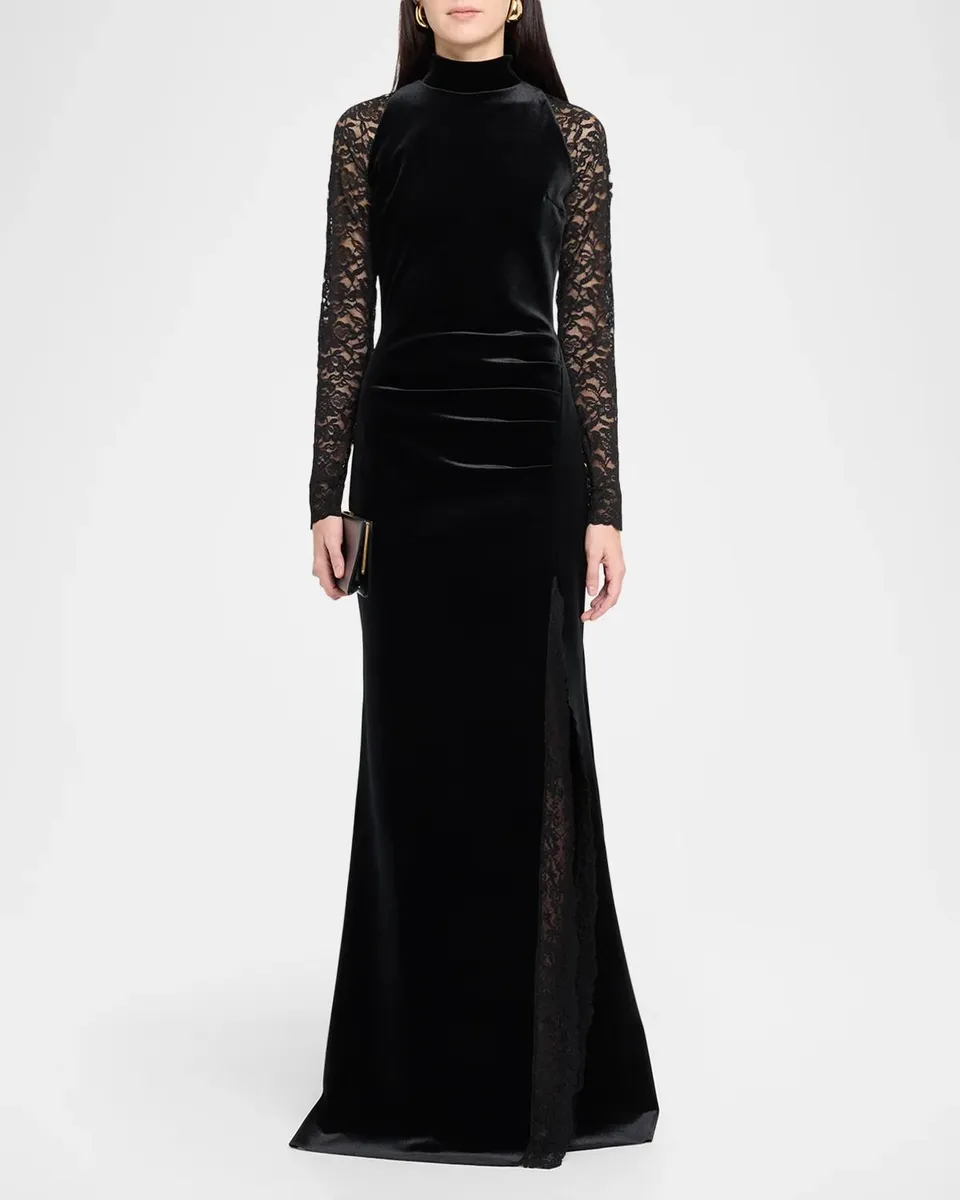 Chiara Boni La Petite Robe Garim Pleated Lace-Sleeve Velvet Gown | Thumbnail 2 Chiara Boni La Petite Robe Garim Pleated Lace-Sleeve Velvet Gown | Thumbnail 2