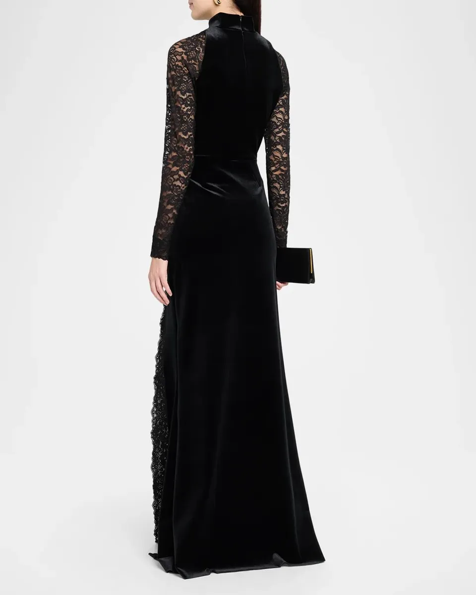 Chiara Boni La Petite Robe Garim Pleated Lace-Sleeve Velvet Gown | Thumbnail 3 Chiara Boni La Petite Robe Garim Pleated Lace-Sleeve Velvet Gown | Thumbnail 3
