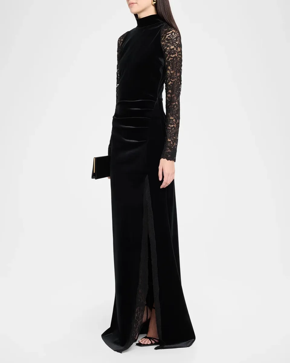 Chiara Boni La Petite Robe Garim Pleated Lace-Sleeve Velvet Gown | Thumbnail 4 Chiara Boni La Petite Robe Garim Pleated Lace-Sleeve Velvet Gown | Thumbnail 4