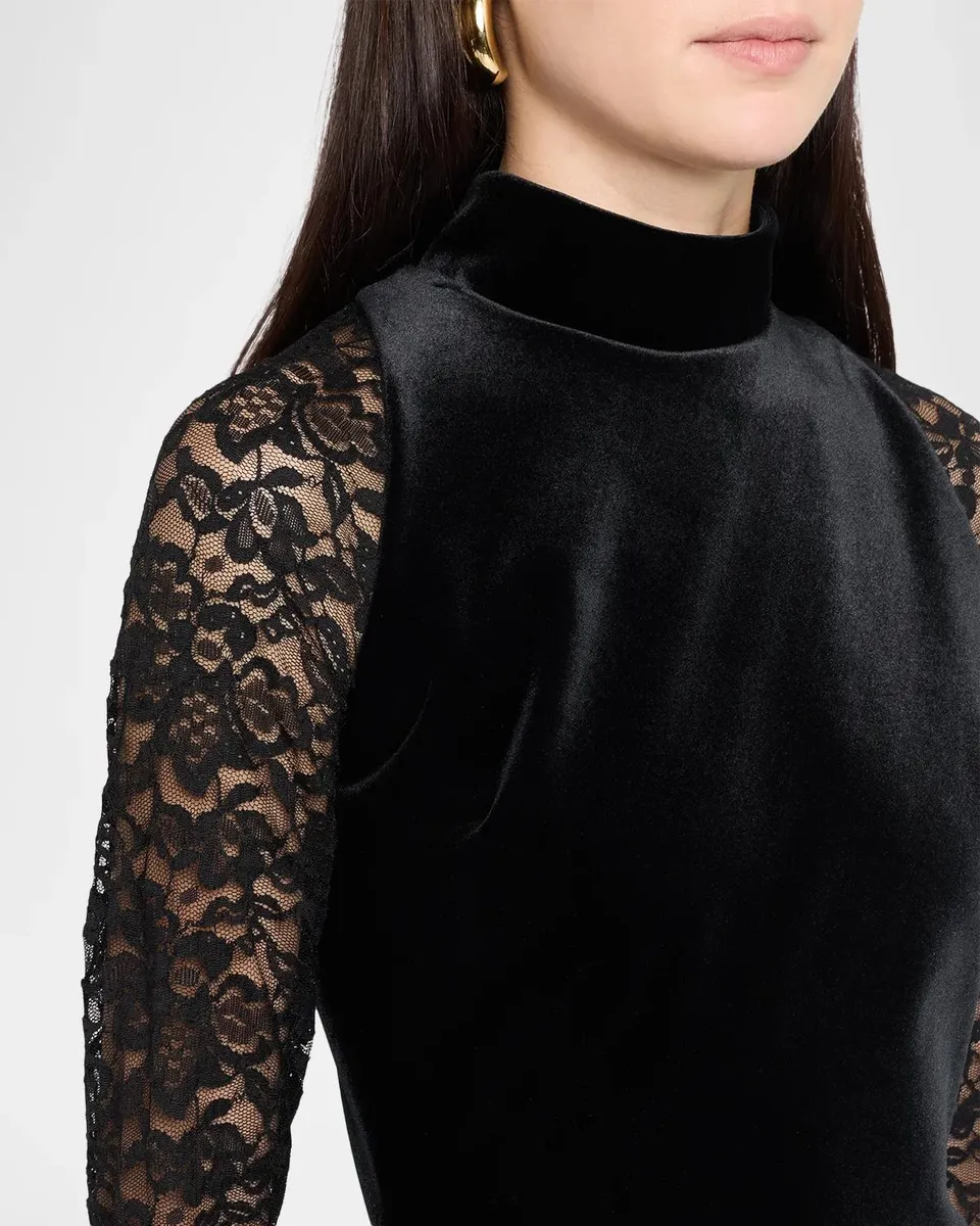 Chiara Boni La Petite Robe Garim Pleated Lace-Sleeve Velvet Gown | Thumbnail 5 Chiara Boni La Petite Robe Garim Pleated Lace-Sleeve Velvet Gown | Thumbnail 5