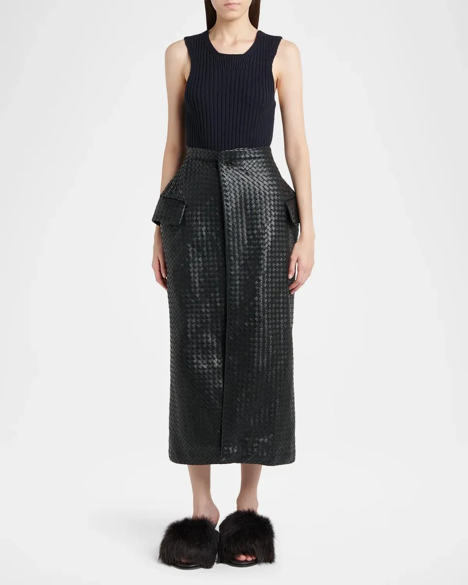 Bottega Veneta Intrecciato Leather Pockets Midi Skirt | Thumbnail 2