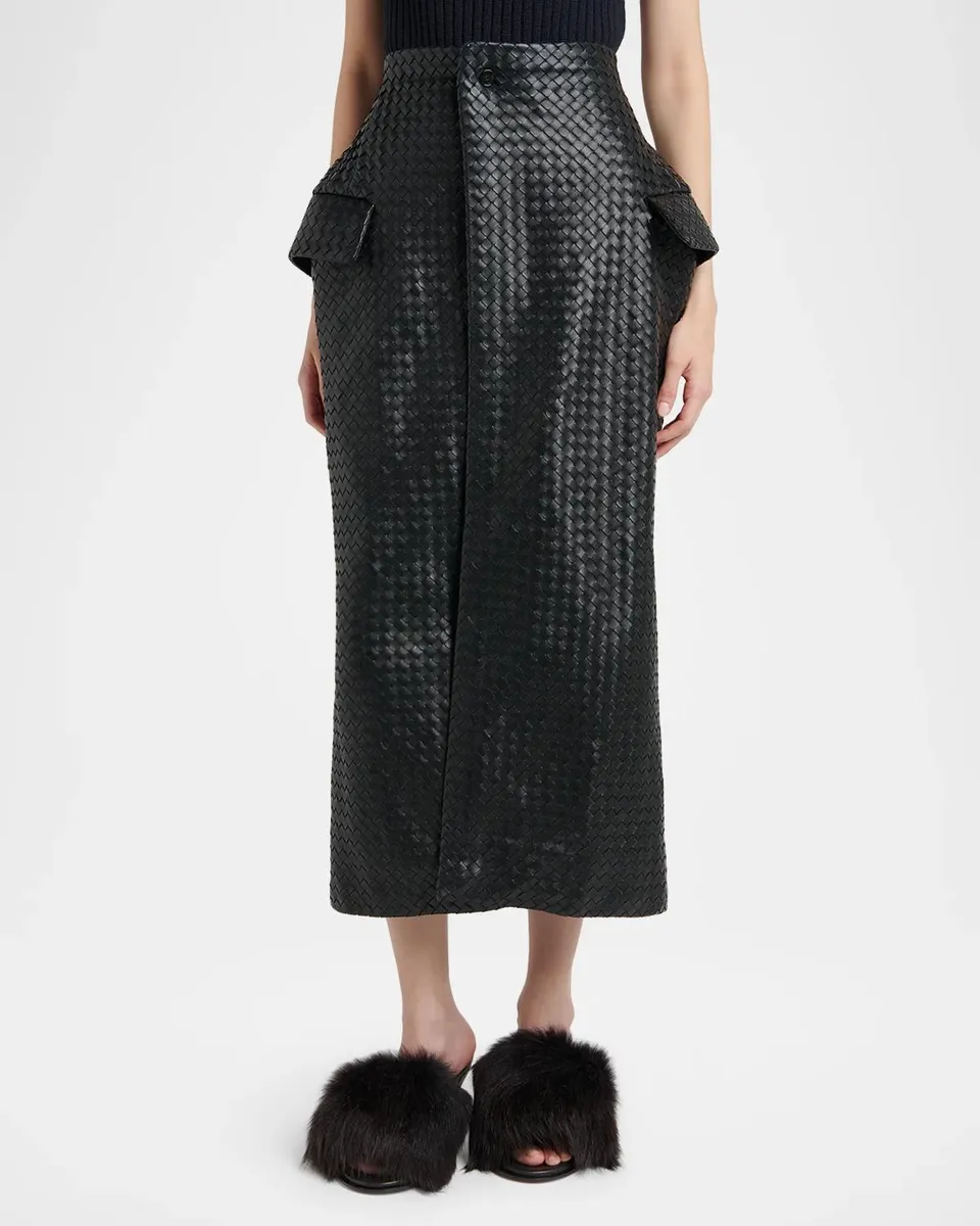 Bottega Veneta Intrecciato Leather Pockets Midi Skirt | Thumbnail 4