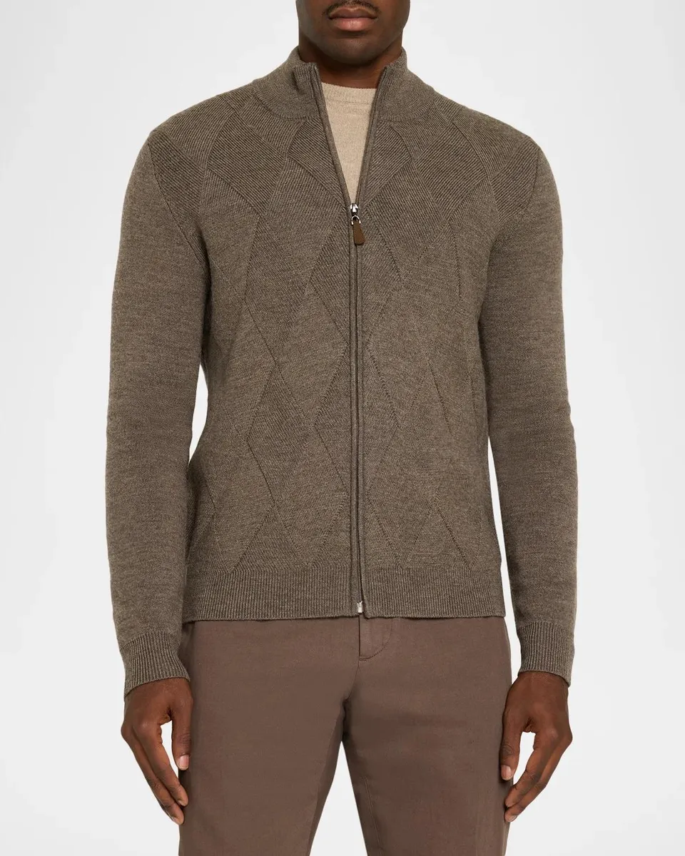 Neiman Marcus Men's Wool Argyle Full-Zip Sweater | Thumbnail 4 Neiman Marcus Men's Wool Argyle Full-Zip Sweater | Thumbnail 4