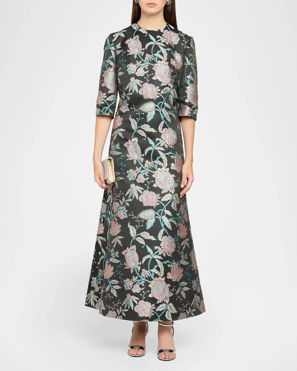 Reem Acra Metallic Floral Brocade 3/4-Sleeve Kaftan Gown | Thumbnail 2 Reem Acra Metallic Floral Brocade 3/4-Sleeve Kaftan Gown | Thumbnail 2